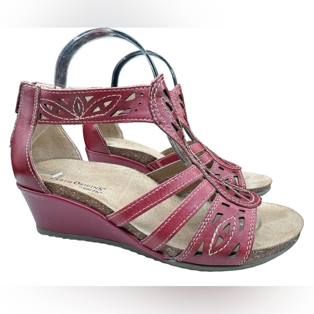 Earth Origins Kingsley Red Leather Boho Comfort Wedge Ankle Strap Sandals 8.5 - Picture 3 of 16